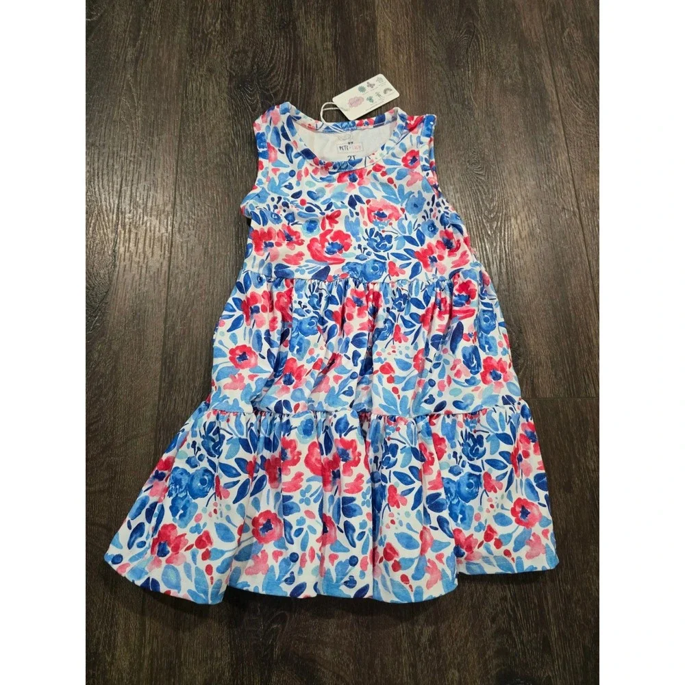 Pete + Lucy Girls Floral Tiered Dress Blue Pink Watercolor P+Lush Fabric 2T NWT